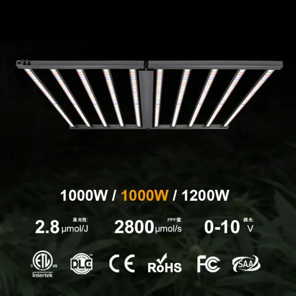 1000W 1.8m 10-Bar Foldable Full Spectrum Horticultural LED Grow Light with IR 730nm & 450nm Blue (2800 umol/s, 2.8 umol/J, 100-277V, IP65, ETL Certified)