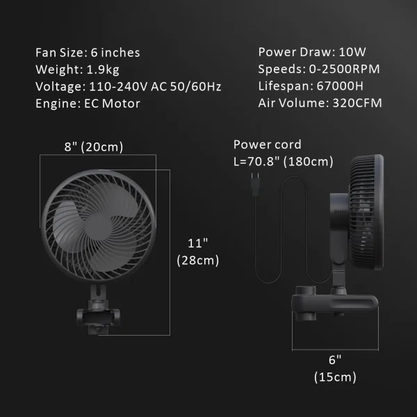 6" Oscillating Clip Fan with EC Motor for Grow Tents