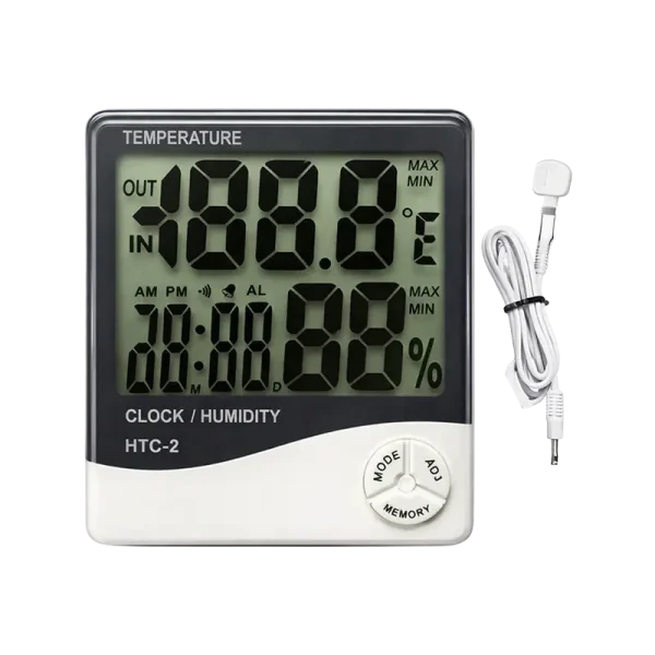 digital-indoor-thermometer-hygrometer-lcd-monitor Digital indoor thermometer hygrometer with large LCD display showing real time temperature humidity and clock