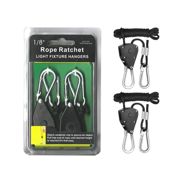 heavy duty Rope Ratchets Pair of 1/8 inch heavy duty rope ratchet light fixture hangers with steel carabiner hooks in retail blister pack