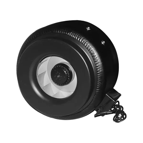 steel-housing-inline-duct-fan-leather-jacket Centrifugal steel housing inline duct fan with vibration dampening leather jacket and variable speed controller