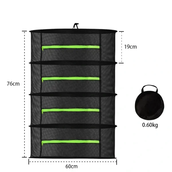 Hanging Herb Drying Net Rack with Enclosed Zippers – 2FT / 60cm Collapsible Mesh Dryer (2, 4, 6, 8 Tier Options) with Carrying Bag for Herbs, Flowers, Plants & Food
